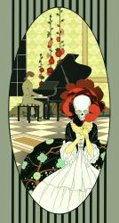 1boy 1girl absurdres brown_hair chaojufei checkered_floor chinese_commentary commentary floral_print flower grand_piano highres instrument jewelry original piano playing_instrument playing_piano red_flower ring skull 