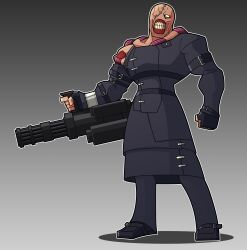  1boy absurdres arm_belt black_shoes exposed_muscle gatling_gun gradient_background grey_background gun highres holding holding_gun holding_weapon leather looking_at_viewer masked_man minigun monster nemesis_(resident_evil) one-eyed resident_evil resident_evil_3:_nemesis shoes single_blank_eye stitched_face stitches torn_skin weapon 