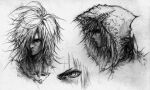  1boy blackmaterial closed_mouth frown greyscale hair_over_eyes hatching_(texture) highres hood hood_up jewelry male_focus medium_hair messy_hair monochrome multiple_views necklace profile sketch torn torn_clothes traditional_media yukineon 