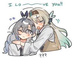  2girls ? ?? blonde_hair blue_hair blush commentary emne english_commentary english_text firefly_(honkai:_star_rail) green_hair grey_hair hairband honkai:_star_rail honkai_(series) multicolored_hair multiple_girls one_eye_closed silver_wolf_(honkai:_star_rail) streaked_hair tearing_up white_background yuri 