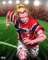  1boy 2026_fifa_world_cup absurdres aqua_eyes black_sclera blonde_hair blurry ch_nadhir clenched_hand closed_mouth colored_sclera colored_skin commentary cowboy_shot depth_of_field dragon_ball dragon_ball_z emphasis_lines english_commentary english_text erling_haaland flag_print_shirt highres long_hair looking_at_viewer majin_buu male_focus muscular muscular_male norway norwegian_flag norwegian_flag_print norwegian_national_soccer_team_uniform pink_skin ponytail shirt short_sleeves shorts soccer soccer_field soccer_shirt soccer_uniform solo sportswear super_buu twitter_username white_shorts world_cup 