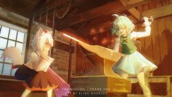  2girls :d ahoge animal_ears anvil aqua_eyes arm_up black_skirt blacksmith blue_eyes blue_hair blue_sky chain commentary_request commission detached_sleeves elinanoodles hammer hat heterochromia highres holding holding_hammer indoors inubashiri_momiji juliet_sleeves long_sleeves multiple_girls open_mouth pliers puffy_sleeves purple_umbrella red_eyes red_hat red_ribbon ribbon ribbon-trimmed_sleeves ribbon_trim shirt short_hair sitting skirt sky smile standing sword tatara_kogasa top_hat touhou twitter_username umbrella watermark weapon white_hair white_shirt window wolf_ears 