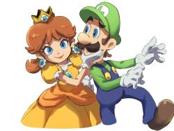  1boy 1girl blue_eyes blue_overalls breasts brooch brown_hair cropped_legs cropped_torso crown dress earrings facial_hair flipped_hair flower_brooch flower_earrings frilled_gloves frills gloves gold_crown gown green_hat green_shirt hand_on_another's_chin hand_on_own_hip hat highres jewelry long_sleeves luigi mari_luijiroh medium_hair mustache orange_dress overalls parted_bangs pointed_crown princess princess_daisy puffy_short_sleeves puffy_sleeves raised_eyebrow shirt short_hair short_sleeves smile super_mario_bros. white_gloves yellow_dress 