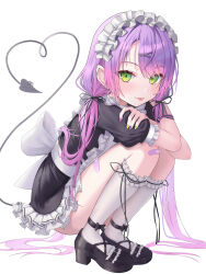  1girl absurdres animal_ear_fluff animal_ears apron bandaid bandaid_on_knee bandaid_on_leg black_bow black_dress black_shoes blush bow commentary_request crossed_arms demon_girl demon_tail dress ear_piercing frilled_apron frilled_dress frilled_footwear frilled_hairband frilled_sleeves frilled_socks frills green_eyes green_nails hair_bow hair_ornament hairband hairclip heart heart_tail high_heels highres hololive kneehighs large_bow long_hair looking_at_viewer low_twintails maid multicolored_nails mumei_(mumeillust1123) nail_polish parted_bangs piercing pink_nails puffy_short_sleeves puffy_sleeves purple_hair shoes short_dress short_sleeves simple_background socks solo spiked_ear_piercing squatting tail tail_ornament tail_piercing tokoyami_towa tongue tongue_out twintails very_long_hair virtual_youtuber white_bow white_socks x_hair_ornament 