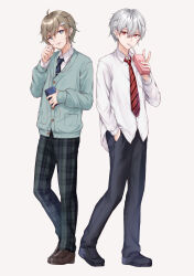  2boys absurdres ahoge alternate_costume black_necktie black_pants black_shoes blue_eyes brown_hair brown_shoes buttons cable cardigan cellphone collared_shirt commentary_request drink_carton drinking drinking_straw earphones earphones expressionless fingernails full_body green_cardigan grey_background grey_hair hair_between_eyes hair_ornament hairclip hand_in_pocket happy highres holding holding_drink_carton holding_juice_box holding_phone juice_box kanae_(nijisanji) kuzuha_(nijisanji) layered_sleeves listening_to_music long_sleeves looking_at_viewer loose_hair_strand male_focus messy_hair multiple_boys necktie nijisanji pants parted_lips phone plaid_clothes plaid_pants pocket poe_(528yuzunon) pointy_ears puffy_long_sleeves puffy_sleeves red_eyes red_necktie school_uniform sharp_fingernails shirt shoes short_hair simple_background sleeves_past_wrists smartphone smile standing striped_clothes striped_necktie suit_pants uwabaki virtual_youtuber white_shirt 