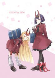  2girls alternate_costume bag black_pantyhose black_shoes blonde_hair bob_cut bow bowtie commentary_request contemporary facial_mark fate/grand_order fate_(series) forehead_mark full_body fuyuse_yuzu grin headpiece highres horns ibaraki_douji_(fate) jacket leaning_forward leg_ribbon loafers long_hair long_sleeves looking_at_viewer loose_socks makeup multiple_girls oni pantyhose pointy_ears purple_hair red_jacket red_ribbon red_skirt ribbon school_bag school_uniform shirt shoes short_eyebrows short_hair shuten_douji_(fate) shuten_douji_(fgo_fes._2026)_(fate) skin-covered_horns skirt smile socks standing violet_eyes white_socks yellow_eyes 