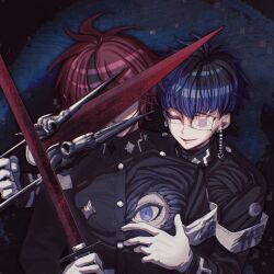  3boys ahoge aotsuki_eito armband black_background black_hair black_jacket black_streaks blue_background blue_hair closed_eyes commentary covered_eyes earrings eye_print eyepatch face_piercing gakuran glasses gloves grey_hair highres holding holding_sword holding_weapon hole_in_chest hole_on_body jacket jewelry last_defense_academy_school_uniform male_focus mau_(maizokin_mau) multicolored_hair multiple_boys omokage_yugamu open_mouth piercing print_eyepatch red_hair school_uniform short_hair smile streaked_hair sumino_takumi sword the_hundred_line_-last_defense_academy- twitter_username two-tone_hair untranslatable_commentary weapon white_armband white_gloves 