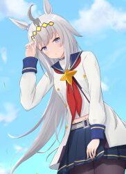  1girl ahoge animal_ears black_pantyhose blue_eyes blue_sailor_collar blue_skirt blue_sky blush breasts brooch ceresia8327 closed_mouth clouds commentary_request ear_ornament grey_hair grey_tail hair_between_eyes hairband highres horse_ears horse_girl horse_tail jacket jewelry long_hair long_sleeves midriff_peek multicolored_hair navel neckerchief oguri_cap_(starlight_beat)_(umamusume) oguri_cap_(umamusume) outdoors panty_straps pantyhose pleated_skirt red_neckerchief sailor_collar shirt skirt sky star_brooch tail umamusume white_jacket white_shirt 
