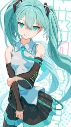  1girl :p ahoge bare_shoulders black_skirt black_sleeves breasts closed_mouth collared_shirt commentary_request cowboy_shot detached_sleeves double-parted_bangs green_eyes green_hair green_necktie grey_shirt hair_between_eyes hair_intakes hatsune_miku highres long_hair long_sleeves looking_at_viewer necktie pleated_skirt see-through_clothes see-through_sleeves shirt skirt sleeveless sleeveless_shirt small_breasts smile solo tie_clip tongue tongue_out twintails twitter_username very_long_hair vocaloid wide_sleeves yukichi_(yu-ame) 