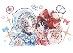  ! 2boys aged_down alternate_costume animal_ears aotsuki_eito badge bandaid bandaid_on_cheek bandaid_on_face bandaid_on_nose black_hair blue_eyes blue_neckerchief blue_ribbon blue_sailor_collar button_badge cat_ears cat_face_sticker chinese_commentary closed_mouth commentary_request curtained_hair eyelashes fang frown glasses grey_hair hair_ornament hairclip hat hat_ribbon highres kemonomimi_mode long_sleeves lop_rabbit_ears male_focus miao_miao_miao_le multicolored_hair multiple_boys neckerchief open_mouth parallel_hairclips parted_bangs puffy_long_sleeves puffy_sleeves rabbit_ears rabbit_sticker red_hair red_neckerchief red_sailor_collar ribbon sailor_collar shirt short_hair smile sparkle speech_bubble spoken_exclamation_mark squiggle sticker sticker_on_face streaked_hair striped_clothes striped_shirt sumino_takumi the_hundred_line_-last_defense_academy- thought_bubble tsurime two-tone_hair w white_hat white_shirt x_hair_ornament 