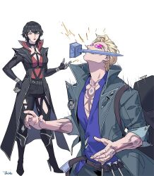  1boy 1girl black_hair blonde_hair blue_eyes blue_shirt byuub coat collar commentary cross cross_earrings demoncursed_vayne earrings gloves jewelry league_of_legends locke_(league_of_legends) nail_(hardware) purple-tinted_eyewear red_eyes red_shirt round_eyewear shirt signature simple_background tattoo tinted_eyewear vayne_(league) wolf_cut 