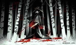  1girl absurdres alternate_costume black_capelet black_coat black_hat blood capelet chinese_commentary coat commentary_request dark distortion exo_dus404 forest hat highres horror_(theme) long_coat nature rod_of_remorse selection_box shiki_eiki touhou tree vhs_artifacts 
