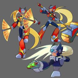  1boy absurdres armor black_armor black_helmet black_zero_(mega_man) blonde_hair brass_knuckles chest_jewel cowboy_shot dual_wielding forehead_jewel full_body grey_background hammer hand_fan helmet highres holding holding_fan holding_hammer lei_arrrrt10 long_hair mega_man_(series) mega_man_x8 mega_man_x_(series) multiple_views red_armor red_helmet simple_background standing standing_on_one_leg weapon zero_(mega_man) 