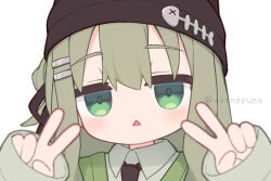  1girl :< beanie black_hat black_necktie blush brown_hair collared_shirt commentary_request copyright_request double_v green_jacket grey_jacket grey_shirt hair_between_eyes hands_up hat jacket kipfel_(vrchat) long_hair long_sleeves looking_at_viewer necktie parted_lips shirt simple_background sleeves_past_wrists solo triangle_mouth twitter_username upper_body v white_background yuune_(ayanepuna) 