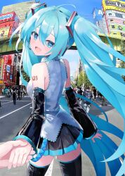  1girl akihabara_(tokyo) aqua_eyes aqua_hair aqua_nails black_sleeves blue_sky blush commentary_request detached_sleeves english_commentary grey_shirt hatsune_miku headphones headset highres holding_hands long_hair looking_at_viewer mikudayo miniskirt mixed-language_commentary number_tattoo outdoors road shirt skirt sky takepon1123 tattoo twintails very_long_hair vocaloid 