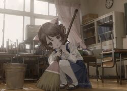  1girl :o analog_clock animal_ears black_shoes bloom blue_skirt broom brown_hair bucket cat_ears clock commentary commission crt desk highres holding holding_broom indoors light_particles long_sleeves mary_janes namuta original pantyhose school_desk shirt shirt_tucked_in shoes skeb_commission skirt solo squatting suspender_skirt suspenders television two_side_up watermark white_pantyhose white_shirt window 