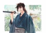  1boy bangs black_hair blue_kimono carrying_over_shoulder character_request check_copyright copyright_request day hakama hand_up holding holding_sword holding_weapon japanese_clothes katana kimono lkyt. long_sleeves looking_at_viewer low_ponytail male_focus natsuhiro outside_border over_shoulder ponytail smile solo striped sword traditional_media unsheathed upper_body weapon weapon_over_shoulder 