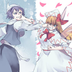  2girls angry battle blue_eyes bow breasts capelet changing_seasons_(touhou) cherry_blossoms clenched_hands clenched_teeth collared_capelet commentary_request cowboy_shot dress face_punch fairy_wings from_side gradient_background hair_between_eyes hair_bow hat highres in_the_face kanaria_(bcomn) letty_whiterock lily_white long_hair long_skirt long_sleeves looking_at_another medium_breasts motion_blur motion_lines multiple_girls petals puffy_long_sleeves puffy_sleeves punching purple_hair purple_skirt purple_vest red_bow ribbon-trimmed_bow ribbon_trim sash scarf short_hair simple_background skirt snow spring_(season) teeth touhou transparent_wings triangular_headpiece vest violet_eyes white_background white_capelet white_dress white_hat white_scarf wide_sleeves wings winter 