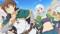  1girl bald belt belt_buckle black_belt black_gloves black_pants black_shirt blue_scarf blue_sky blush brown_belt brown_hair buckle cape capelet chris_(konosuba) clenched_hand clenched_teeth clouds constricted_pupils crop_top day denim denim_shorts dutch_angle elbow_gloves game_asset gloves gloves_over_elbow_gloves green_cape green_capelet green_eyes grey_hair hand_grab hands_up highres holding holding_sword holding_weapon kono_subarashii_sekai_ni_shukufuku_wo! kono_subarashii_sekai_ni_shukufuku_wo!_kono_yokubukai_game_ni_shinpan_o! looking_at_another midriff multiple_boys navel non-web_source official_art open_mouth outdoors pants raised_inner_eyebrows running satou_kazuma scar scar_on_cheek scar_on_face scarf self-datamine sheath sheathed shirt short_hair shorts side_ahoge sky smoke standing sword teeth upper_body v-shaped_eyebrows violet_eyes weapon white_shirt 