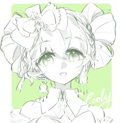  1girl bare_shoulders border bow bowtie braid chinese_commentary cocooly collarbone commentary_request crown_braid detached_collar dot_nose double_bun dress drumbeat_wonders_(infinity_nikki) earrings eyes_visible_through_hair flower_earrings green_background green_eyes green_theme greyscale greyscale_with_colored_background hair_between_eyes hair_bow hair_bun hair_ornament highres infinity_nikki jewelry monochrome musical_note musical_note_hair_ornament nikki_(series) off-shoulder_dress off_shoulder open_mouth outside_border short_hair signature smile solo spot_color straight-on treble_clef upper_body white_border 