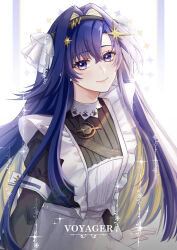  1girl apron black_dress black_hairband blonde_hair blue_eyes blue_hair character_name closed_mouth colored_inner_hair commentary dress english_commentary frilled_apron frills hair_intakes hair_ornament hairband highres juliet_sleeves long_hair long_sleeves multicolored_hair puffy_sleeves reverse:1999 school_uniform smile solo soviet_school_uniform sparkle star_(symbol) star_hair_ornament upper_body vind voyager_(reverse:1999) white_apron white_background 