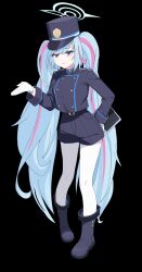  1girl blue_archive blue_eyes blue_hair blue_halo commentary cosplay daisy_(guardian_tales) english_commentary full_body guardian_tales halo hat highres long_hair long_sleeves multicolored_hair nozomi_(blue_archive) nozomi_(blue_archive)_(cosplay) pantyhose pink_hair solo twintails very_long_hair white_pantyhose 