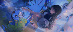  1girl 3d_background akemi_homura back_ribbon barefoot black_capelet black_hair black_hairband board_game book bow bowtie bright_pupils capelet ceey chandelier chinese_commentary closed_mouth collared_capelet commentary_request couch cup dress expressionless feet frilled_skirt frills from_above full_body go_(board_game) grey_skirt hair_between_eyes hairband indoors layered_sleeves long_hair long_sidelocks long_sleeves looking_at_viewer magical_girl mahou_shoujo_madoka_magica mahou_shoujo_madoka_magica_(anime) miniskirt outstretched_leg palm_leaf pillar pillow plant pleated_skirt potted_plant purple_bow purple_bowtie purple_ribbon ribbon saucer short_dress sidelocks sitting skirt solo straight_hair table tea teacup teapot toes vase very_long_hair violet_eyes white_dress white_pupils 