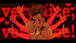  1other black_eyes black_hood brown_hair colored_sclera commentary deltarune english_commentary flower goomyloid green_sweater highres kris_(deltarune) other_focus outstretched_arm partially_shaded_face red_background red_flower red_rose red_sclera rose short_hair smile solo sweater unique_parade_(vocaloid) utdr_(toby_fox) 