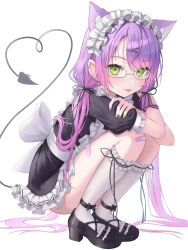  1girl absurdres animal_ear_fluff animal_ears apron bandaid bandaid_on_knee bandaid_on_leg black_bow black_dress black_shoes blush bow crossed_arms demon_girl demon_tail dress ear_piercing frilled_apron frilled_dress frilled_footwear frilled_hairband frilled_sleeves frilled_socks frills glasses green_eyes green_nails hair_bow hair_ornament hairband hairclip heart heart_tail high_heels highres hololive kneehighs large_bow long_hair looking_at_viewer low_twintails maid multicolored_nails mumei_(mumeillust1123) nail_polish parted_bangs piercing pink_nails puffy_short_sleeves puffy_sleeves purple_hair semi-rimless_eyewear shoes short_dress short_sleeves simple_background socks solo spiked_ear_piercing squatting tail tail_ornament tail_piercing tokoyami_towa tongue tongue_out twintails under-rim_eyewear very_long_hair virtual_youtuber white_bow white_socks x_hair_ornament 