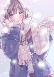  1girl blue_background blue_coat blurry blurry_foreground blush brown_hair brown_scarf brown_skirt coat comiket_101 commentary_request duffel_coat enpera gradient_background grey_background grey_sweater highres holding kagamiya_ruru long_hair long_sleeves looking_at_viewer open_clothes open_coat open_mouth original plaid_clothes plaid_scarf scarf skirt sleeves_past_wrists snowflakes snowing solo sweater upper_body violet_eyes watermark winter winter_clothes 