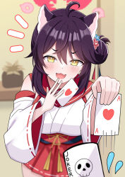  1girl :3 :d absurdres ace_(playing_card) ace_of_hearts ahoge animal_ears black_hair black_skirt blue_archive blush breasts bright_pupils card commentary_request cowboy_shot double-parted_bangs fang flying_sweatdrops hair_between_eyes halo hand_up heart highres holding holding_card hosinonana japanese_clothes joker_(playing_card) kaede_(blue_archive) kimono large_breasts long_sleeves looking_at_viewer miniskirt notice_lines open_mouth playing_card pleated_skirt red_halo short_hair skin_fang skirt smile solo white_kimono white_pupils wide_sleeves yellow_eyes 