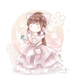  1girl bag bare_arms bare_shoulders bead_choker beads black_eyes blue_butterfly blush_stickers bow brown_hair bug butterfly butterfly_on_hand chibi chinese_commentary circle collar commentary_request detached_collar dress floral_background floral_print gown grey_bag hair_bow handbag high_ponytail holding holding_bag interruption_(echo-023) journey_of_memory_(shining_nikki) large_bow light_particles long_dress long_hair nikki_(series) no_mouth official_alternate_color pink_background pink_bow pink_dress pleated_dress ponytail print_dress shadow shining_nikki signature solid_oval_eyes solo square_neckline two-tone_background very_long_hair wavy_hair white_background white_collar 