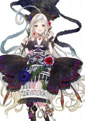  1girl ahoge black_dress black_umbrella blue_flower brown_eyes commentary_request crinoline dress earrings fate/grand_order fate_(series) flower grey_hair huge_ahoge jewelry long_hair m_m6m6 persephone_(fate) red_flower umbrella very_long_hair white_background 