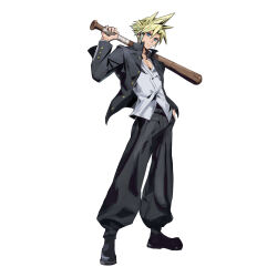  1boy absurdres baggy_pants bandaid bandaid_on_cheek bandaid_on_face baseball_bat black_jacket black_pants blonde_hair blue_eyes closed_mouth cloud_strife cloud_strife_(midgard_seventh_high_school) delinquent final_fantasy final_fantasy_vii final_fantasy_vii:_ever_crisis fujise_lisa full_body gakuran hand_in_pocket highres holding holding_baseball_bat jacket looking_at_viewer male_focus official_alternate_costume official_art pants school_uniform shirt short_hair solo spiky_hair square_enix standing white_background white_shirt 