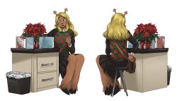  1girl animal_ears bag black_eyes black_shirt black_skirt blonde_hair bottle brown_bag card checkered_sweater_vest commentary crossbody_bag deer_ears deer_girl deltarune english_commentary flower furry furry_female highres holding holding_bottle hooves long_sleeves noelle_holiday on_stool petscoboba pill_bottle pleated_skirt poinsettia red_flower shirt sitting skirt sneaking stool trash_can utdr_(toby_fox) 