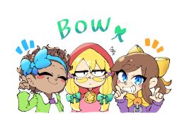  3girls :| a_hat_in_time blonde_facial_hair blonde_hair blue_bow blue_eyes blue_hairband blush_stickers bow bow_hairband bow_kid brown_hair cape capelet child closed_eyes closed_mouth commentary_request cropped_torso curly_hair dark-skinned_female dark_skin double_finger_gun dress english_text facial_hair finger_gun ggrks05 green_bow green_jacket hair_bow hairband hand_up hands_up hat_kid hood hood_up hooded_capelet index_finger_raised jacket jitome long_hair long_sleeves looking_at_viewer medallion multiple_girls mustache mustache_girl notice_lines open_mouth pink_dress ponytail purple_jacket red_capelet red_hood shirt short_hair sidelocks signature simple_background smile solo star_(symbol) teeth white_background white_shirt yellow_bow yellow_cape zipper_pull_tab 