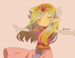 1girl artist_name belt blonde_hair blue_eyes blush closed_eyes dress floating_hair gloves jewelry long_hair multicolored_hair necklace outstretched_arms parted_lips pink_dress princess_zelda the_legend_of_zelda the_legend_of_zelda:_spirit_tracks the_legend_of_zelda:_the_wind_waker tokuura wind