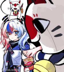  2girls :3 ahoge animal_costume artist_name bell blue_eyes blue_streaks breasts bright_pupils cat cat_costume closed_mouth clothing_cutout commentary cropped_jacket cropped_torso crossed_bangs expressionless facial_mark floating_headgear food from_side girl_staring_at_guy's_chest_(meme) guy's hair_intakes headgear heterochromia high_collar highres holding holding_food hood hooded_jacket jacket japan_(ppfjvdjudk54073) kokkimusume long_hair meme multicolored_hair multiple_girls neck_bell pet_food red_eyes red_nails red_streaks shoulder_cutout sidelocks sideways_glance simple_background small_breasts snout south_korea_(ppfjvdjudk54073) speech_bubble staring streaked_hair thought_bubble twintails untranslatable_commentary watasi_tokimi whisker_markings white_background white_jacket white_pupils yin_yang 
