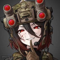  1girl artist_name black_hair blood blood_on_face brown_gloves camouflage camouflage_helmet commentary english_commentary finger_to_mouth gloves gradient_hair grey_background grin hair_between_eyes headset helmet highres index_finger_raised looking_at_viewer mikhail_n762 mikoto_(mikhail_n762) military military_combat_uniform military_uniform mole mole_under_eye multicolored_hair night_vision_device original portrait radio_antenna red_eyes red_hair short_hair shushing slit_pupils smile solo tactical_clothes twitter_username 