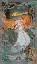  1girl black_coat coat commentary hat highres ishmael_(project_moon) ishmael_(the_pequod)_(project_moon) kalliope_orc limbus_company long_hair military_uniform naval_uniform open_clothes open_coat open_collar orange_hair project_moon shirt smoking_pipe solo white_shirt yellow_eyes 