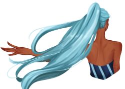  1girl back blue_hair commentary dark-skinned_female dark_skin highres nefertari_vivi one_piece one_piece_(live_action) outstretched_arm ponytail roniiiqdr simple_background solo white_background 