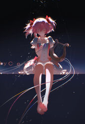  1girl artist_name bare_arms bare_legs barefoot black_background bow bow_choker bubble_skirt buttons ceey chinese_commentary choker closed_eyes closed_mouth colored_eyelashes commentary_request dot_nose dress dress_bow feet frilled_dress frilled_sleeves frills full_body hair_between_eyes hair_bow hand_on_own_chest happy highres holding holding_instrument instrument kaname_madoka kaname_madoka_(magical_girl) light_particles light_smile lyre magical_girl mahou_shoujo_madoka_magica mahou_shoujo_madoka_magica_(anime) miniskirt no_eyewear petticoat pink_dress pink_hair puffy_short_sleeves puffy_sleeves red_bow red_choker ribbon short_dress short_hair short_sleeves short_twintails sitting skirt skirt_under_dress solo square_neckline straight-on string string_of_fate toes twintails watermark white_skirt white_sleeves wind wrist_ribbon 