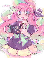  1girl artist_name baseball_cap black_shirt blush clownfish colored_eyelashes commentary drooling eyelashes eyewear_hang fish green_eyes green_hair handheld_game_console harmony's_clownfish_(splatoon) harmony_(splatoon) hat heart heart-shaped_eyewear highres holding holding_handheld_game_console long_hair momoiiroo mouth_drool multicolored_hair nintendo_switch open_mouth pink_hair pink_hat shirt short_sleeves skirt splatoon_(series) splatoon_3 sticker sunglasses t-shirt tentacle_hair translation_request two-tone_hair unworn_eyewear very_long_hair white_background yellow-framed_eyewear yellow_skirt 