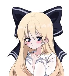  1girl artist_request blonde_hair blue_eyes blush bow commission dress_shirt hair_bow highres jaggy_lines long_hair looking_to_the_side messy_hair non-web_source original shirt simple_background solo source_request striped_bow thick_eyelashes upper_body very_long_hair white_background yajwa 