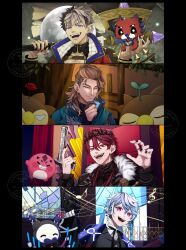  4boys axe azamofu bird black_gloves black_nails blue_hair braid brown_hair bubby_(goldbullet) claw_pose coat column_lineup creature crimzon_ruze crimzon_ruze_(1st_costume) crown ear_piercing flower flower_on_head fur-trimmed_coat fur_trim gloves glowstick goldbullet goldbullet_(1st_costume) gun hair_ornament hairclip hand_on_own_chin handgun highres holding holding_axe holding_creature holding_glowstick holding_gun holding_weapon holoarmis holostars holostars_english jurard_t_rexford long_hair male_focus multicolored_hair multiple_boys multiple_braids musical_note nail_polish octavio octavio_(1st_costume) open_mouth penlight_(glowstick) piercing pink_eyes pointy_ears ponytail poppet_(octavio) red_eyes red_flower red_rose rose ruzader_(crimzon_ruze) sharp_teeth short_hair sorawrity_(jurard_t_rexford) sprout_on_head teeth tri_braids two-tone_hair violet_eyes virtual_youtuber weapon 
