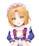  1girl absurdres blonde_hair blue_dress bow bowtie commentary_request dress head_tilt highres kana-anaveral maid_headdress mugetsu_(touhou) open_mouth own_hands_together puffy_short_sleeves puffy_sleeves red_bow red_bowtie short_sleeves simple_background solo touhou touhou_(pc-98) turtleneck upper_body white_background wrist_cuffs yellow_eyes 