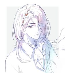  1boy anil_(reverse:1999) border closed_mouth collared_shirt eyes_visible_through_hair grey_background hair_over_one_eye long_hair looking_at_viewer male_focus outside_border partially_colored reverse:1999 shirt solo upper_body vind white_border 