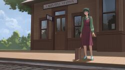  1girl absurdres ankle_socks arms_at_sides blue_eyes blue_eyes_(manga) bow braid briefcase clouds cloudy_sky commission commissioner_upload door drid fingernails flats freckles full_body green_hair green_shoes hair_bow highres hime_cut kusuriya_no_hitorigoto light_smile long_hair long_skirt long_sleeves maomao_(kusuriya_no_hitorigoto) outdoors overall_skirt railroad_tracks red_skirt shoes skirt sky socks solo standing train_station white_socks window 
