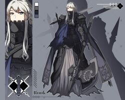  1girl armor armored_dress axe battle_axe black_gloves color_guide commentary_request covered_mouth cuirass double-parted_bangs dress full_body gloves grey_eyes hair_between_eyes hair_intakes highres holding holding_axe holding_weapon huge_weapon impaled kashia long_hair long_sidelocks looking_at_viewer no_pupils original pauldrons shoulder_armor sidelocks solo standing sword vambraces weapon white_hair zoom_layer 