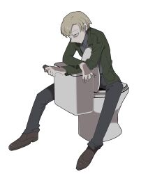  1boy 2025 blonde_hair bored brown_shoes denim drink green_jacket holding holding_drink jacket james_sunderland jeans kuso_500t male_focus pants shoes silent_hill_(series) silent_hill_2 silent_hill_2_(remake) simple_background solo solo_focus toilet white_background 